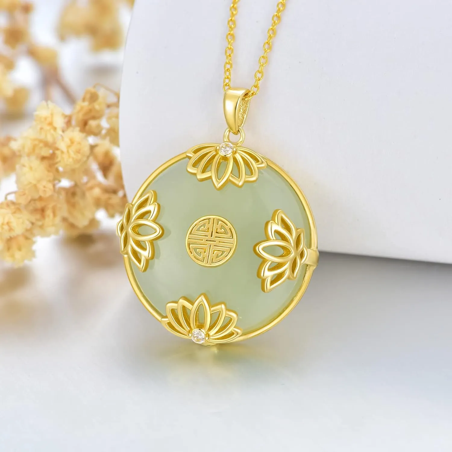 Jade Lotus Necklace for Women 14k Gold Plated Sterling Silver Round Jade Jewelry Birthday Mothers Day Christmas Gifts for Women Her Mom