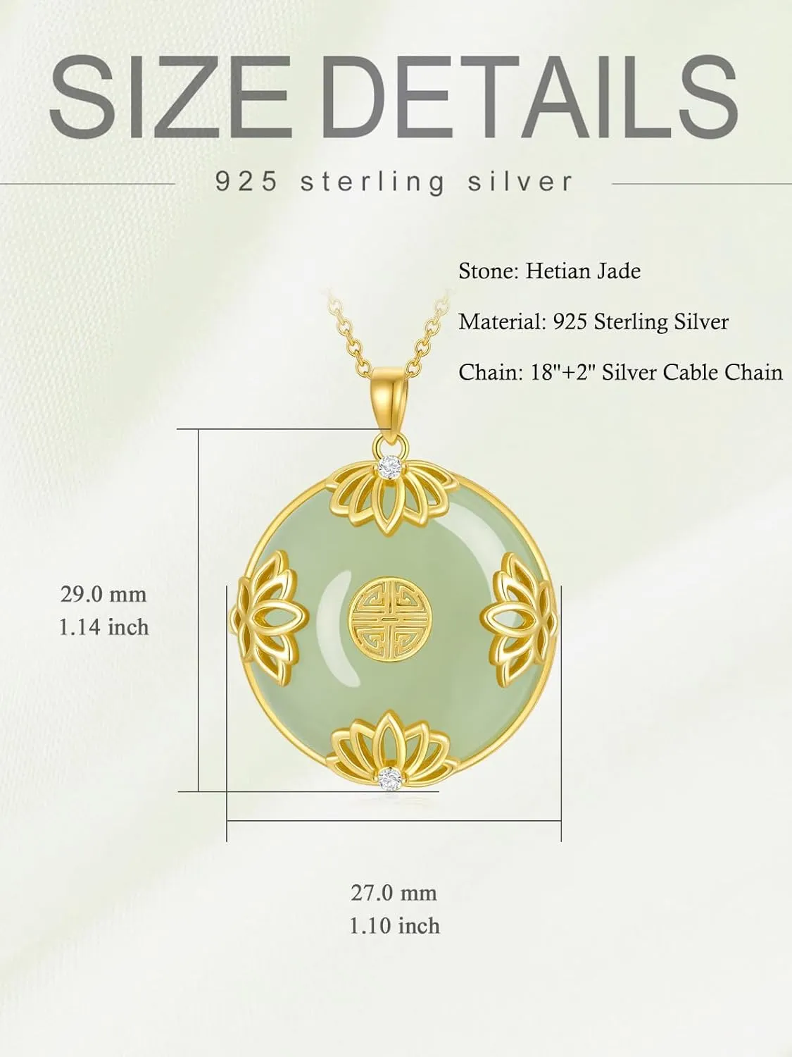 Jade Lotus Necklace for Women 14k Gold Plated Sterling Silver Round Jade Jewelry Birthday Mothers Day Christmas Gifts for Women Her Mom