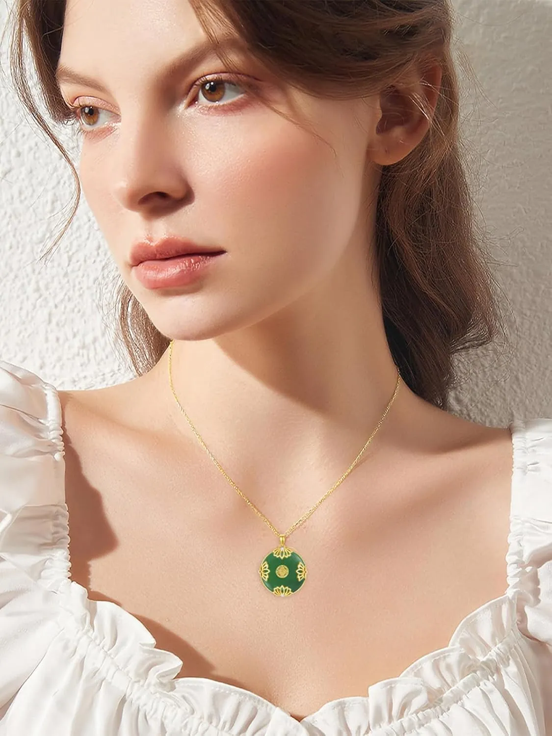 Jade Lotus Necklace for Women 14k Gold Plated Sterling Silver Round Jade Jewelry Birthday Mothers Day Christmas Gifts for Women Her Mom
