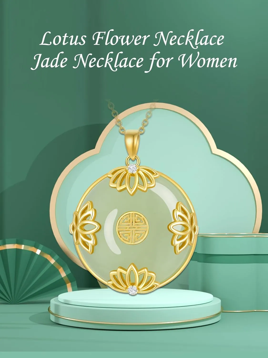 Jade Lotus Necklace for Women 14k Gold Plated Sterling Silver Round Jade Jewelry Birthday Mothers Day Christmas Gifts for Women Her Mom