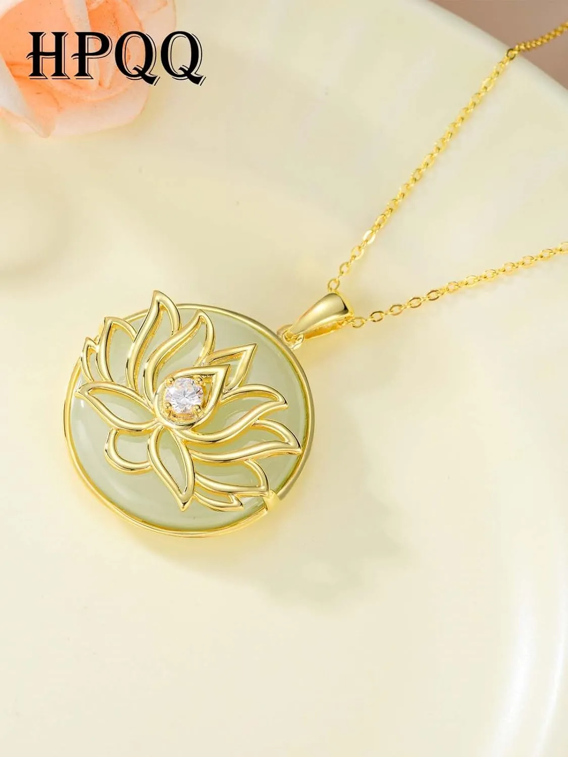 Jade Lotus Necklace for Women 14k Gold Plated Sterling Silver Round Jade Jewelry Birthday Mothers Day Christmas Gifts for Women Her Mom