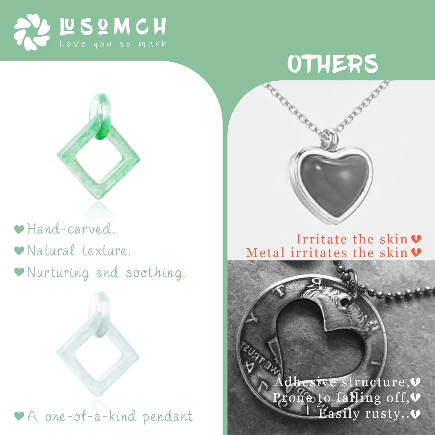Jade Necklace, Square Pendant Necklace, Small Gifts, Jewelry for Women, Non Tarnish Gold Necklace