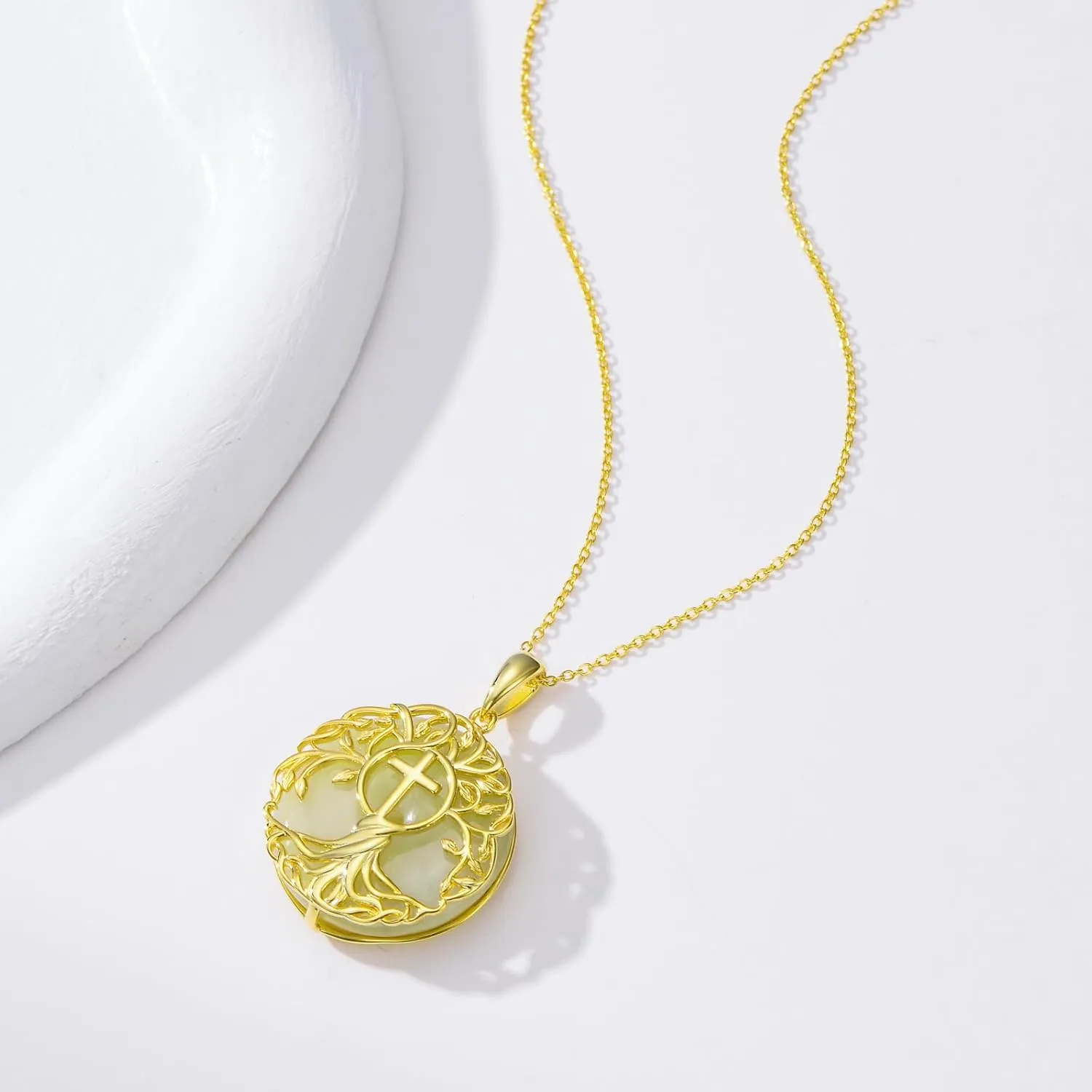 Jade Tree of Life Necklace 14k Gold Plated Sterling Silver Celtic Family Tree Jewelry Birthday Mothers Day Christmas Gifts for Women Mom Her
