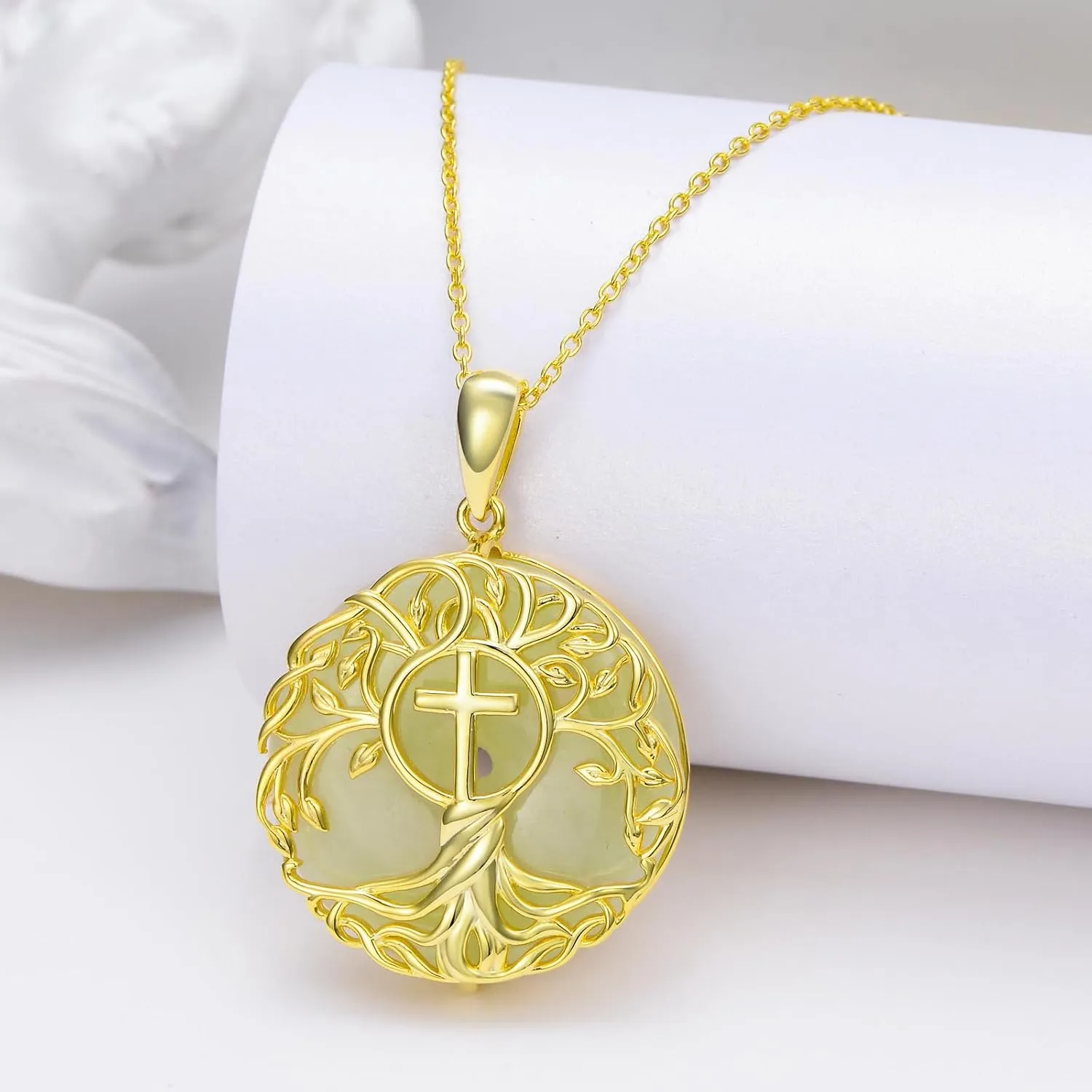 Jade Tree of Life Necklace 14k Gold Plated Sterling Silver Celtic Family Tree Jewelry Birthday Mothers Day Christmas Gifts for Women Mom Her