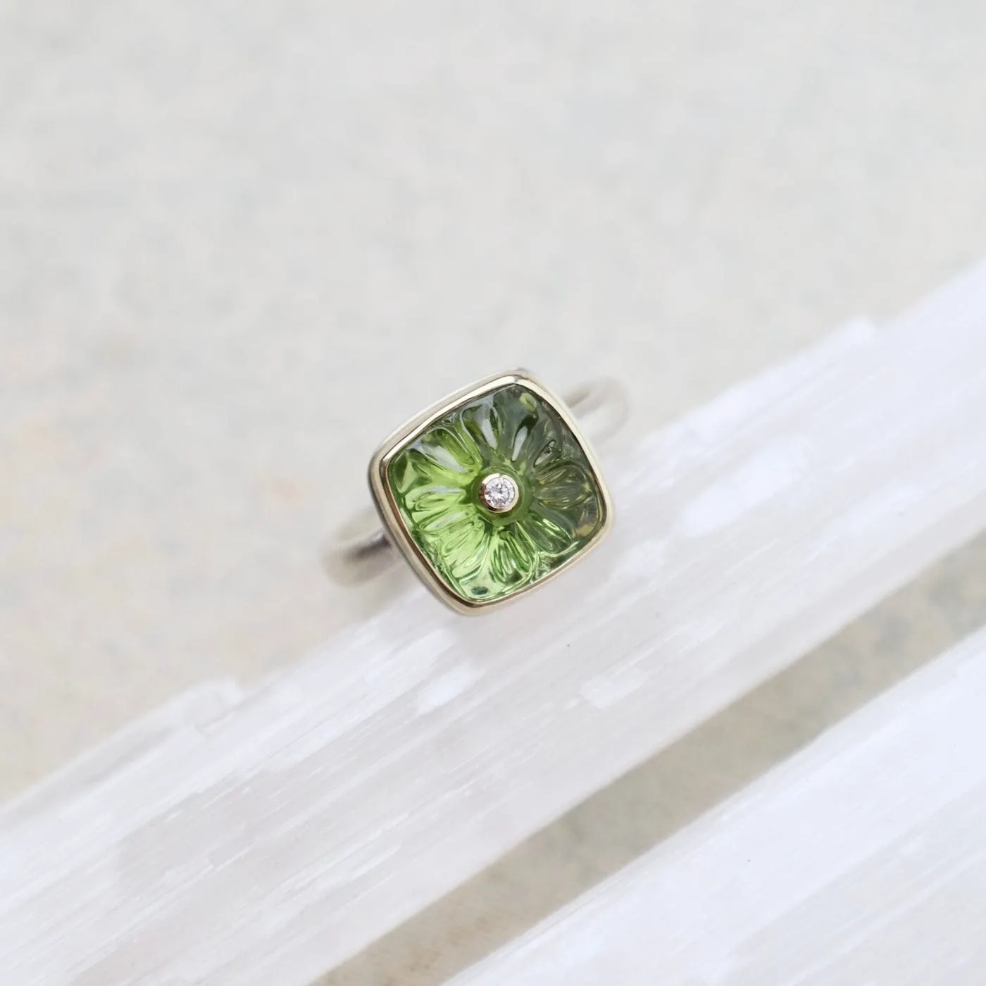 Jamie Joseph Carved Flower Peridot & Diamond Ring