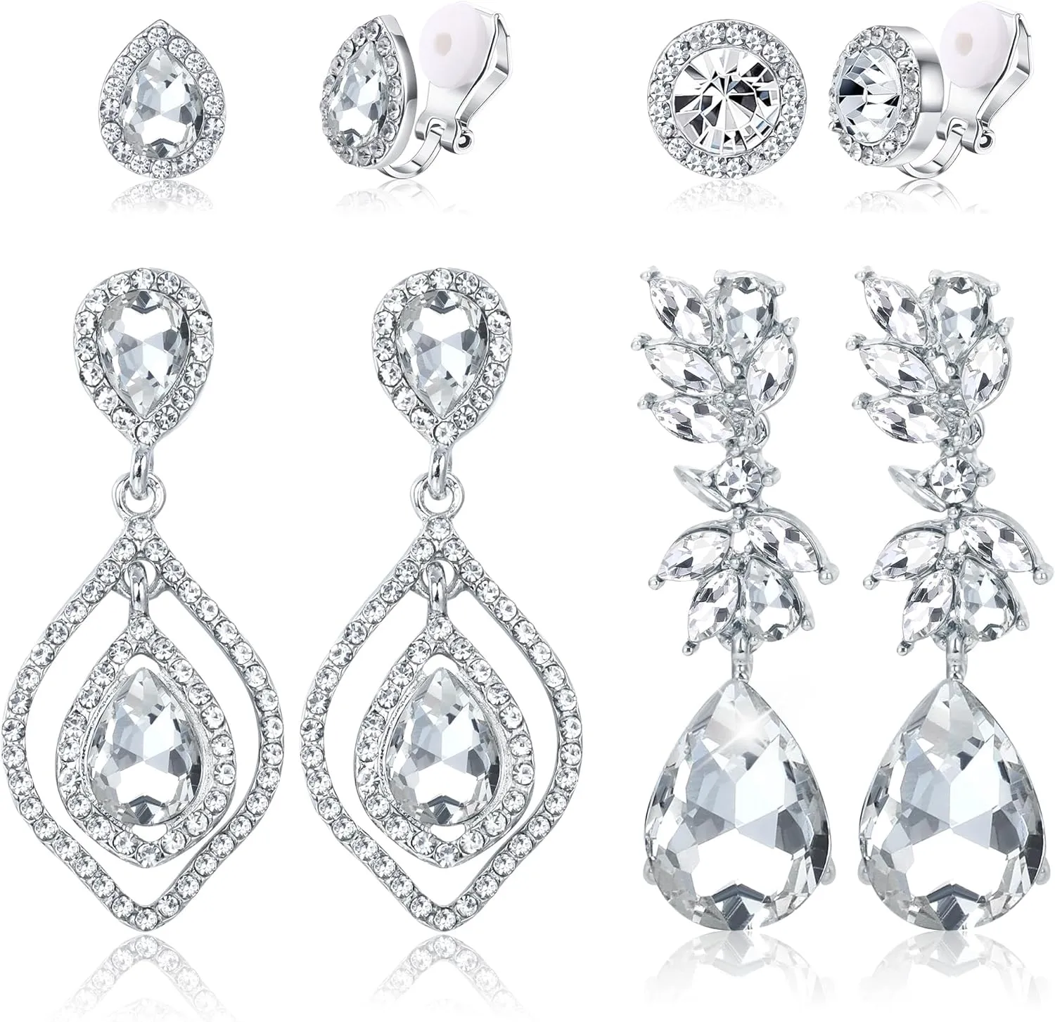 Jstyle 4 Pairs Silver Clip on Earrings for Women Elegant Rhinestone Clip on Earrings Dangle Drop for Brides Bridesmaids Non Pierced Earrings Set
