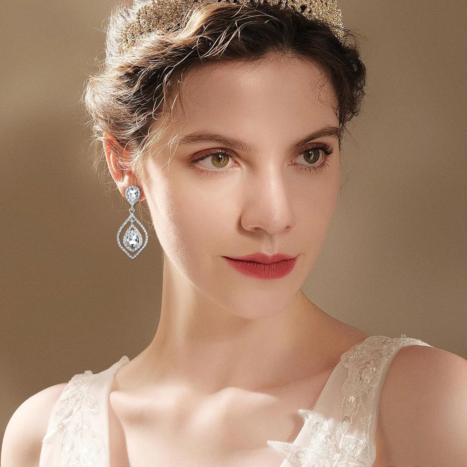 Jstyle 4 Pairs Silver Clip on Earrings for Women Elegant Rhinestone Clip on Earrings Dangle Drop for Brides Bridesmaids Non Pierced Earrings Set