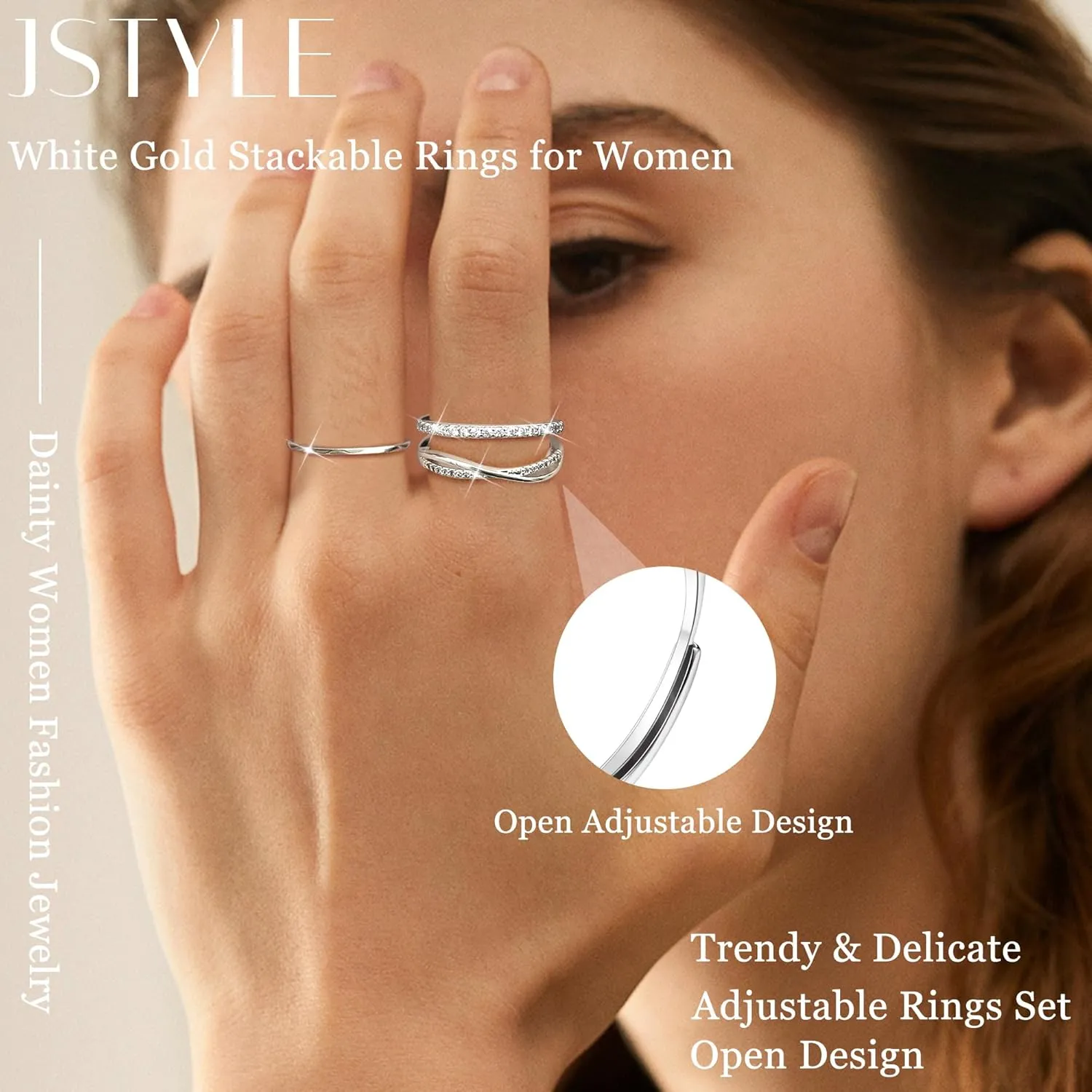 Jstyle 9pcs Gold Stackable Rings for Women Gold Silver Stack Rings Set with Cubic Zircon Thumb Finger Ring Engagement Promise Open Ring Jewellery for Girlfriend Wife Mom