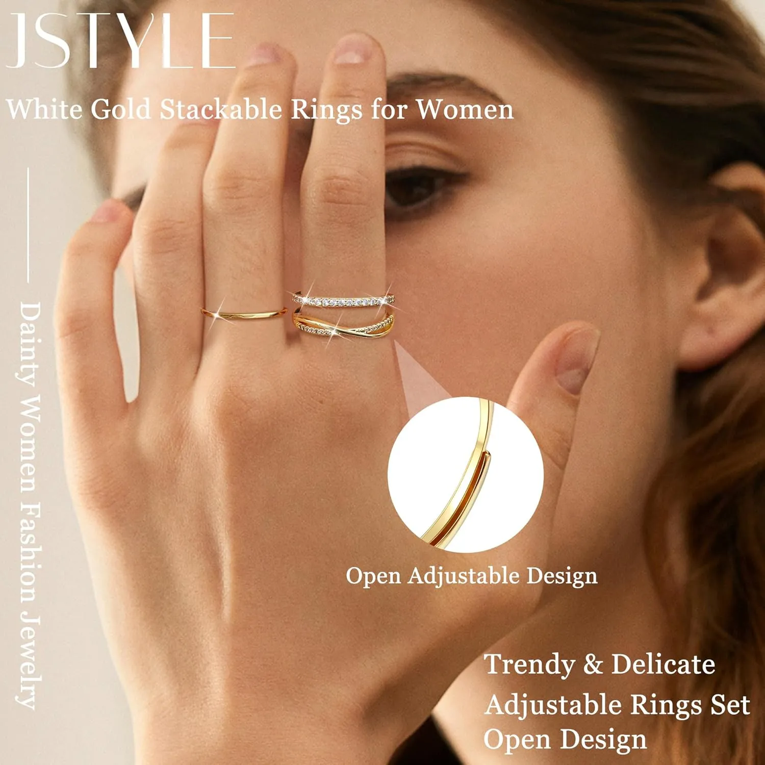 Jstyle 9pcs Gold Stackable Rings for Women Gold Silver Stack Rings Set with Cubic Zircon Thumb Finger Ring Engagement Promise Open Ring Jewellery for Girlfriend Wife Mom