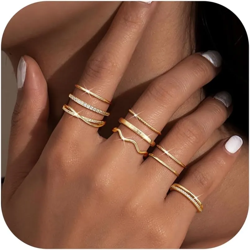 Jstyle 9pcs Gold Stackable Rings for Women Gold Silver Stack Rings Set with Cubic Zircon Thumb Finger Ring Engagement Promise Open Ring Jewellery for Girlfriend Wife Mom