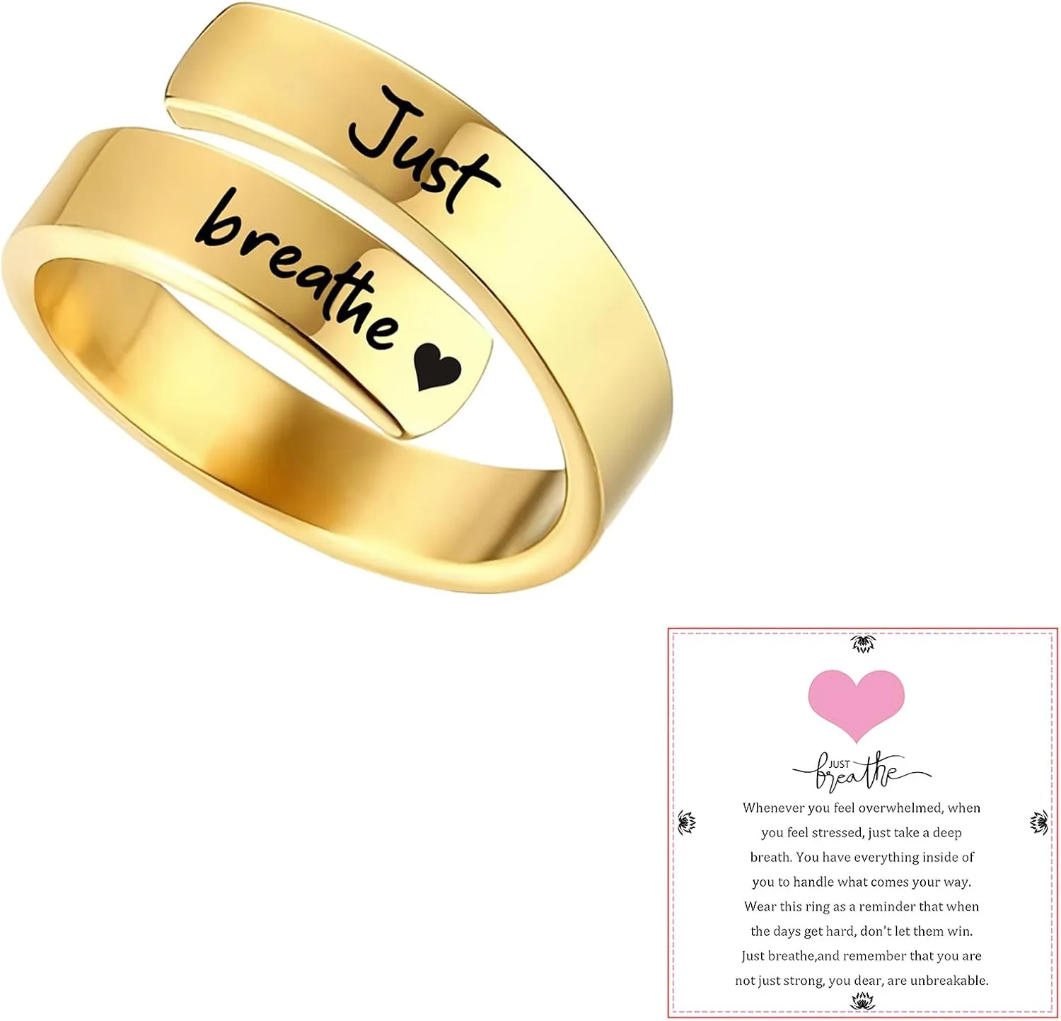Just Breathe Rings for Women 304 Stainless Steel Inspirational Jewelry Rings Spiral Healing Rings Adjustable Love Lotus Just Breathe Ring Inspirational & Heartfelt Rings