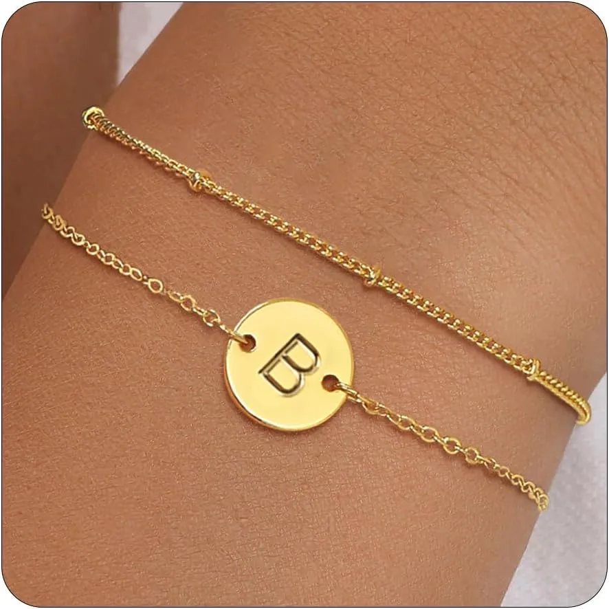KAERUN Gold Initial Bracelets for Women Non Tarnish 14K Gold Filled Dainty Initial Letter Gold Bracelet Stack Personalized Coin Disc Charm Bracelets Waterproof Gold Jewelry Gifts