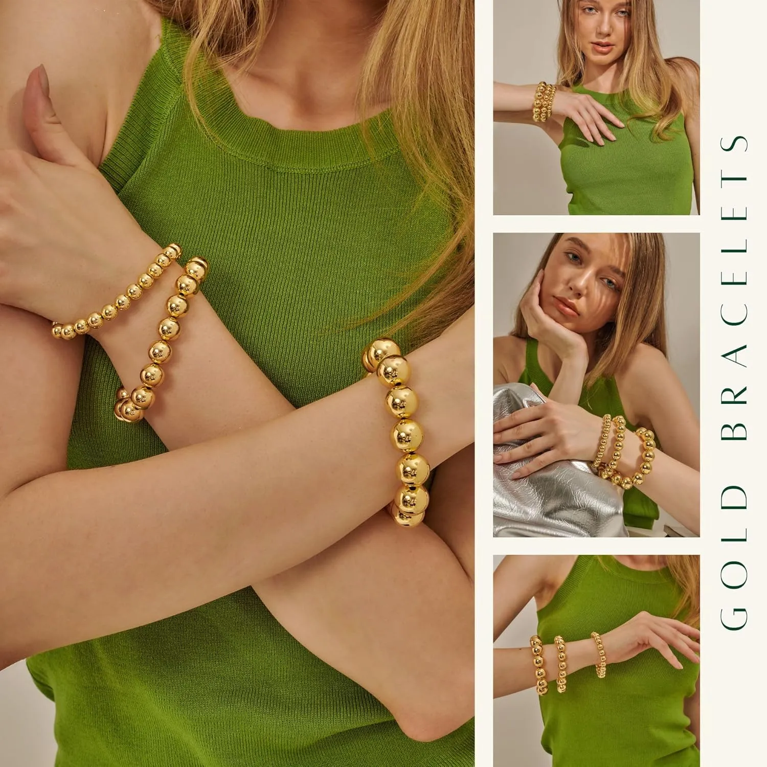 Kainier Gold Beaded Bracelets for Women 14K Gold Plated Chain Bracelets Strand Non Tarnish Chunky Dainty Link Stackable Beads ball Bracelet 8/12/16mm