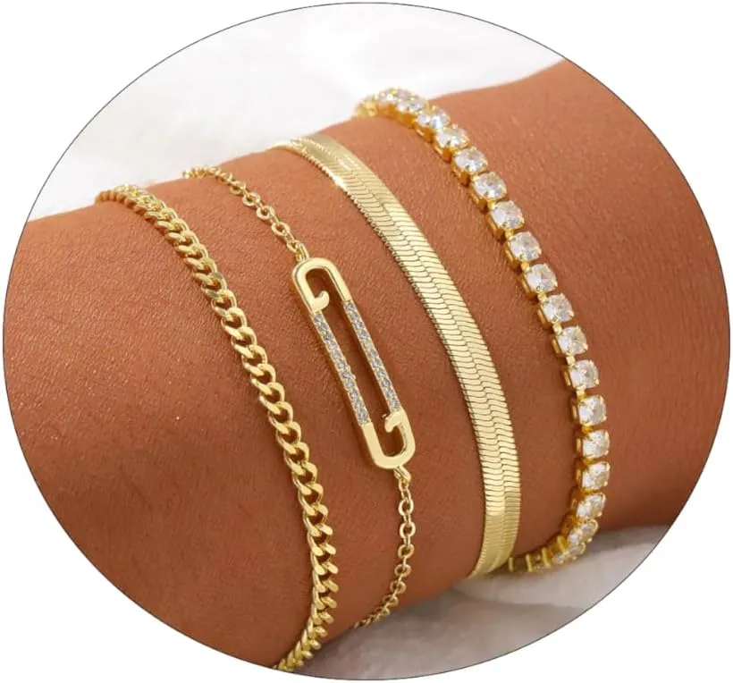 Kyerlyn Gold Bracelets for Women 14K Dainty Gold/Silver Bracelet Stack Trendy Waterproof Gold Plated Bracelet Adjustable Layered Metal Link Bracelet Set Minimalist Fashion Jewelry