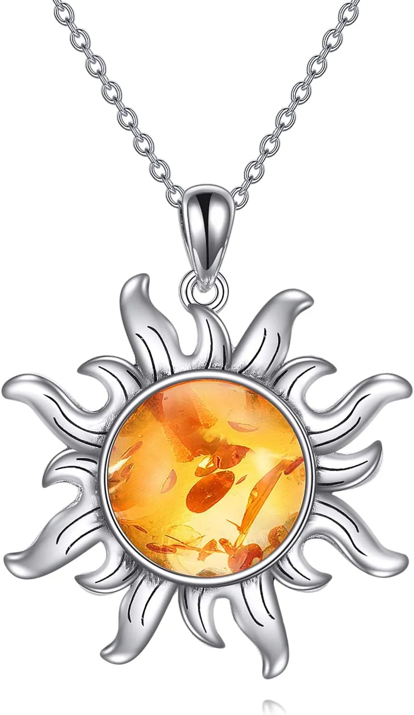 KZX Sun Necklace for Women 925 Sterling Silver Amber/Labradorite Sun Jewelry Gifts for Mother Wife