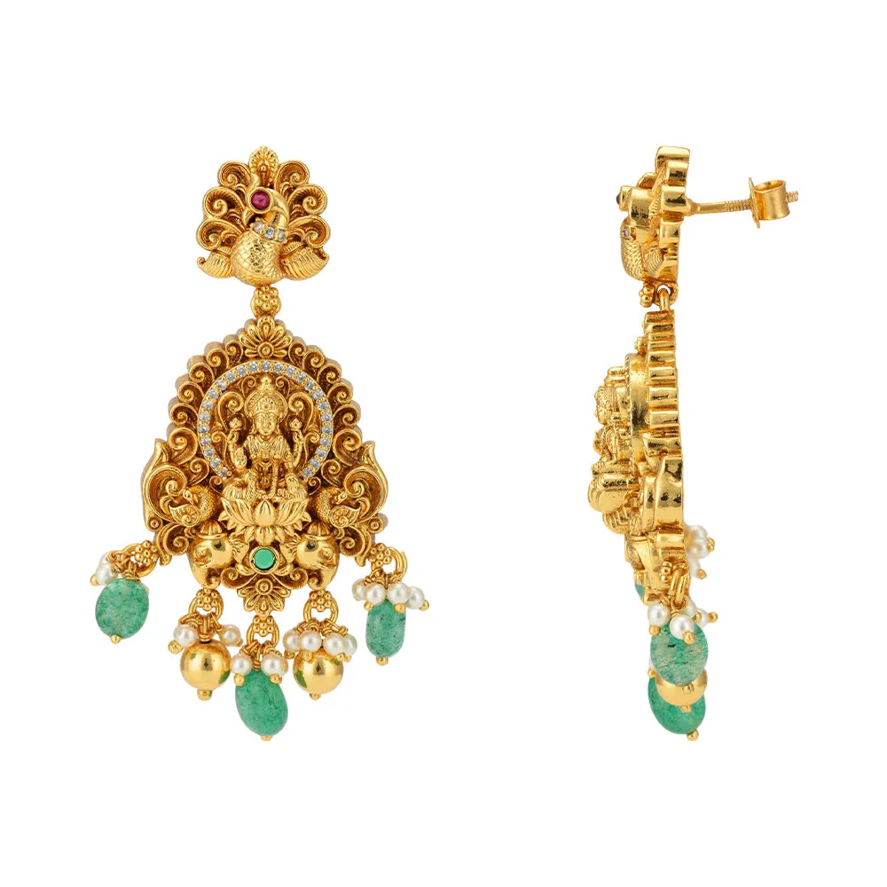 Lakshmi Nagas Peacock Infused 925 Gold Plated Green Pearls Drop Earrings