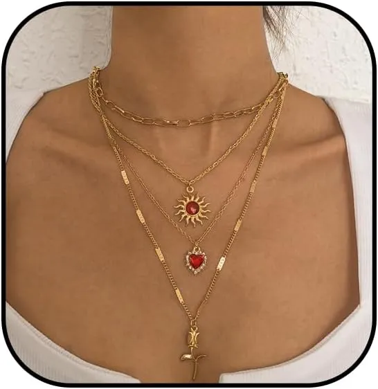 Layered Crystal Sun Necklace for Women Gold Sun Choker Necklace Vintage Sun Pandent Necklace Beach Jewelry