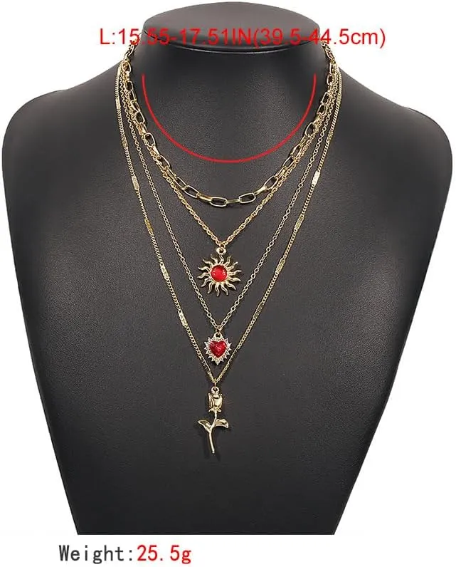 Layered Crystal Sun Necklace for Women Gold Sun Choker Necklace Vintage Sun Pandent Necklace Beach Jewelry
