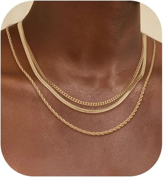 Layered Necklaces for Women Trendy,Dainty Gold Necklace Stack 14K Gold Plated Cuban Link Chain Simple Gold Herringbone Paperclip Chain Necklace for Women Non tarnish Gold Jewelry for Women