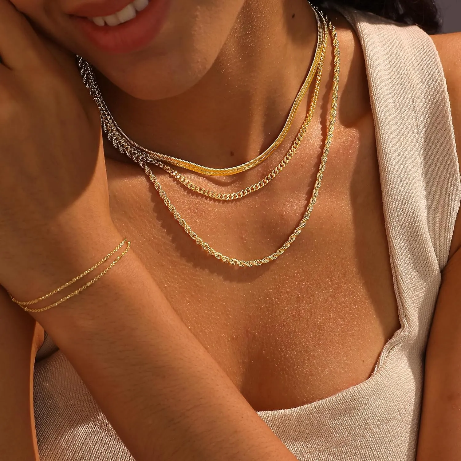 Layered Necklaces for Women Trendy,Dainty Gold Necklace Stack 14K Gold Plated Cuban Link Chain Simple Gold Herringbone Paperclip Chain Necklace for Women Non tarnish Gold Jewelry for Women