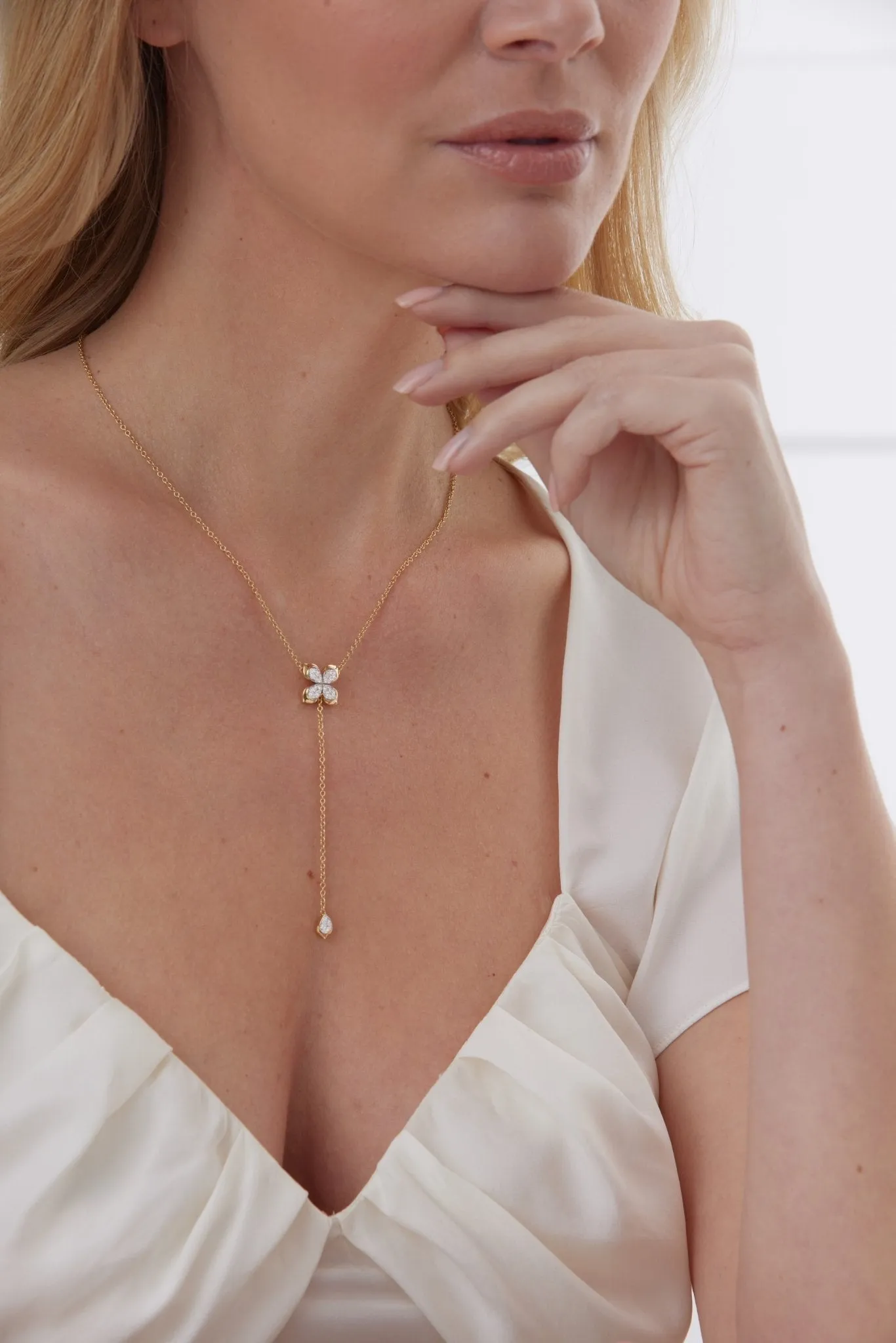 Lierre Gold and Diamond Pear Petal Cluster Drop Necklace