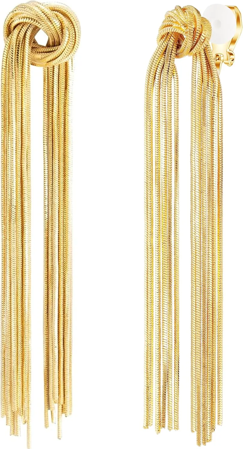 Long Tassel Clip on Earrings Women Dangling Gold/Silver Metal Tassel Clip On Earrings for Women Hypoallergenic Lightweight Non Pierced Dangle Drop Earrings
