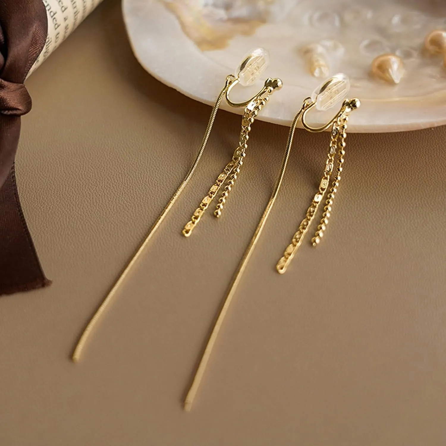 Long Tassel Clip on Earrings Women Metal Clip On Earrings for Women Hypoallergenic Light Non Pierced Dangle Drop Earrings