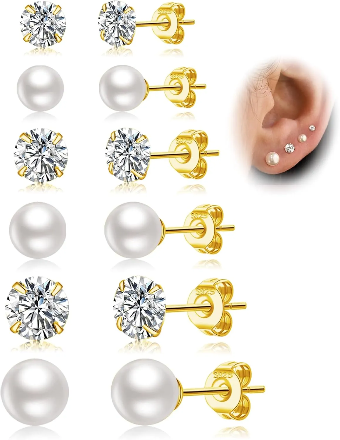 LOUMILEO 6 Pairs Pearl Earrings Set Hypoallergenic Small Sterling Silver Stud Earrings for Women Man 3-10MM Tiny Cartilage Piercing Pearl Studs for Multiple Piercing