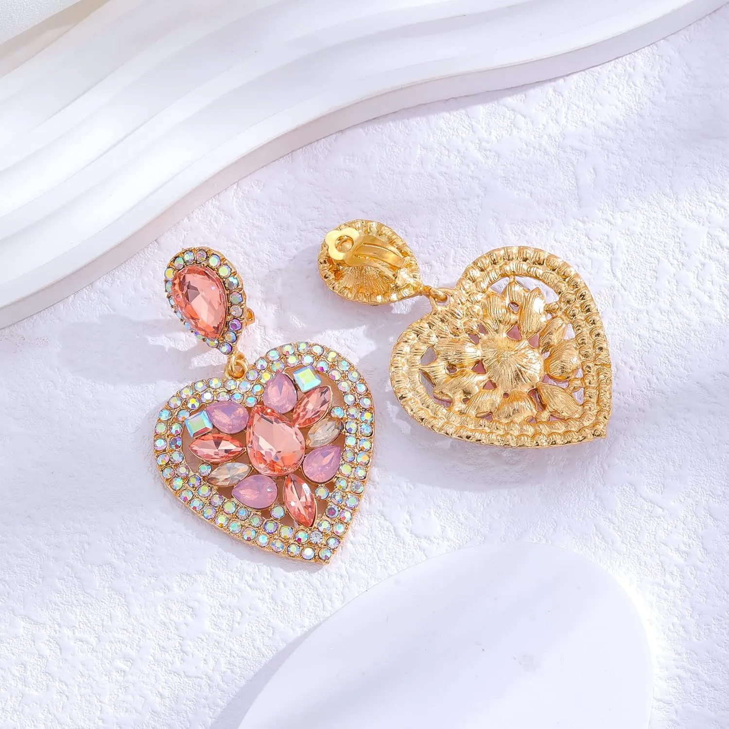 Love Heart Gold Clip on Earrings Statement Rhinestone Crystal Sparkly Clip on Earrings for Women Hypoallergenic Clip on Dangle Earrings Women Non-Pierced Jewelry Xmas Valentine's Day Gifts