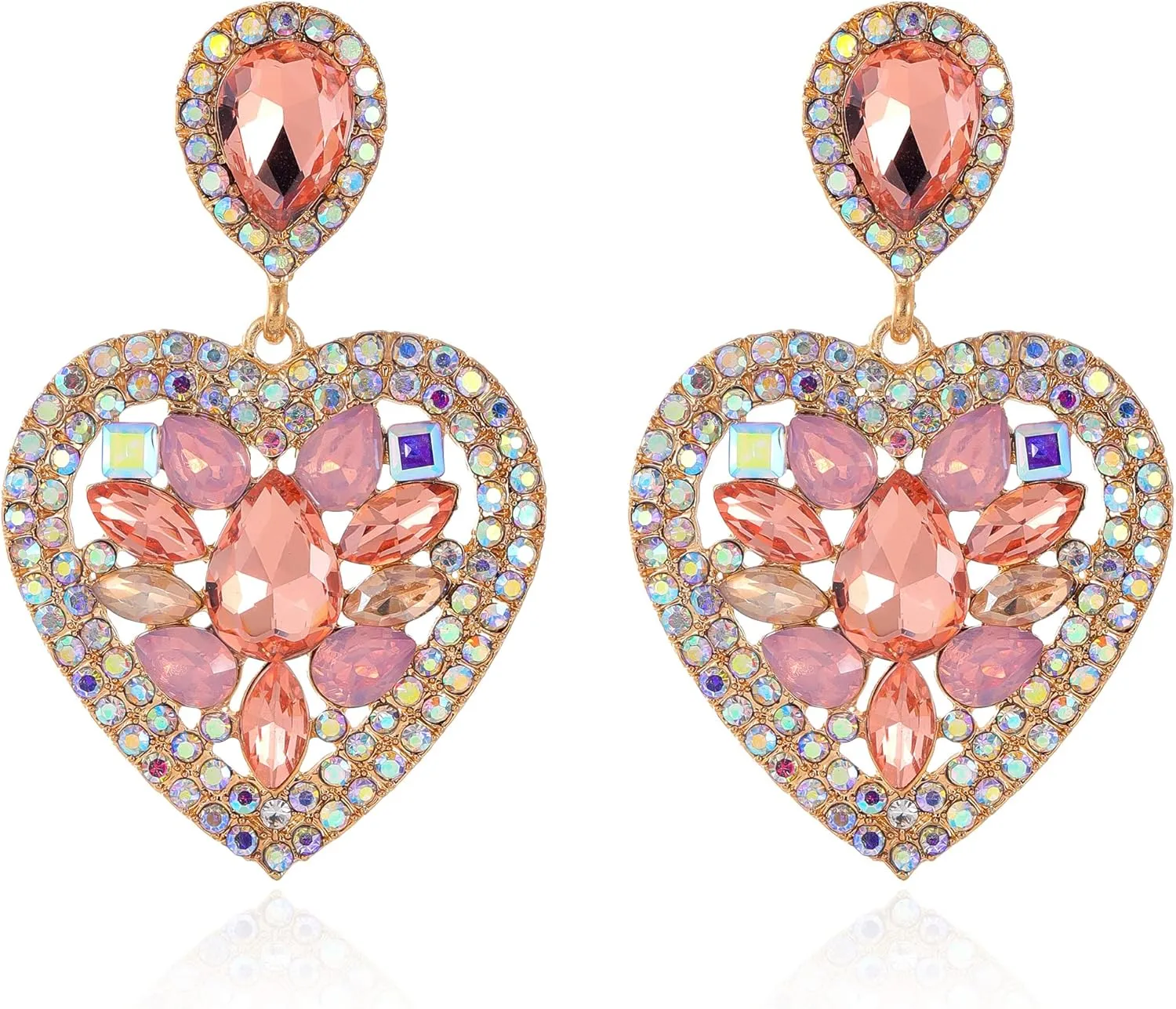 Love Heart Gold Clip on Earrings Statement Rhinestone Crystal Sparkly Clip on Earrings for Women Hypoallergenic Clip on Dangle Earrings Women Non-Pierced Jewelry Xmas Valentine's Day Gifts