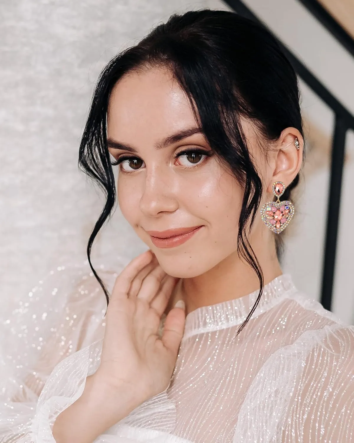 Love Heart Gold Clip on Earrings Statement Rhinestone Crystal Sparkly Clip on Earrings for Women Hypoallergenic Clip on Dangle Earrings Women Non-Pierced Jewelry Xmas Valentine's Day Gifts