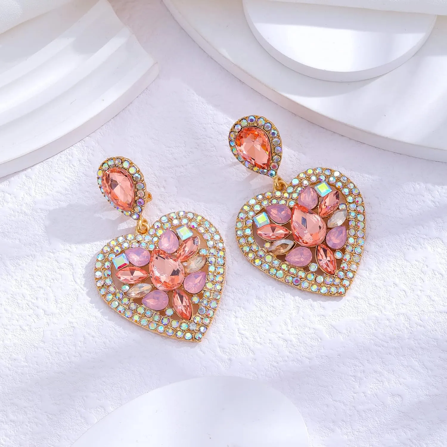 Love Heart Gold Clip on Earrings Statement Rhinestone Crystal Sparkly Clip on Earrings for Women Hypoallergenic Clip on Dangle Earrings Women Non-Pierced Jewelry Xmas Valentine's Day Gifts