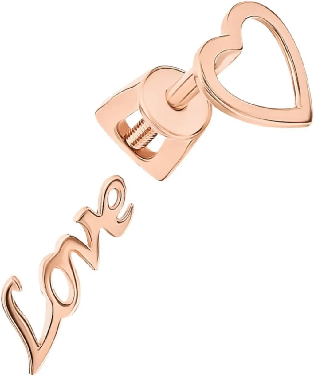 Love Word Stud Earring, Minimalist Open Heart Stud, Screw Back Pair Earring, Romantic jewelry, Gift For Her.
