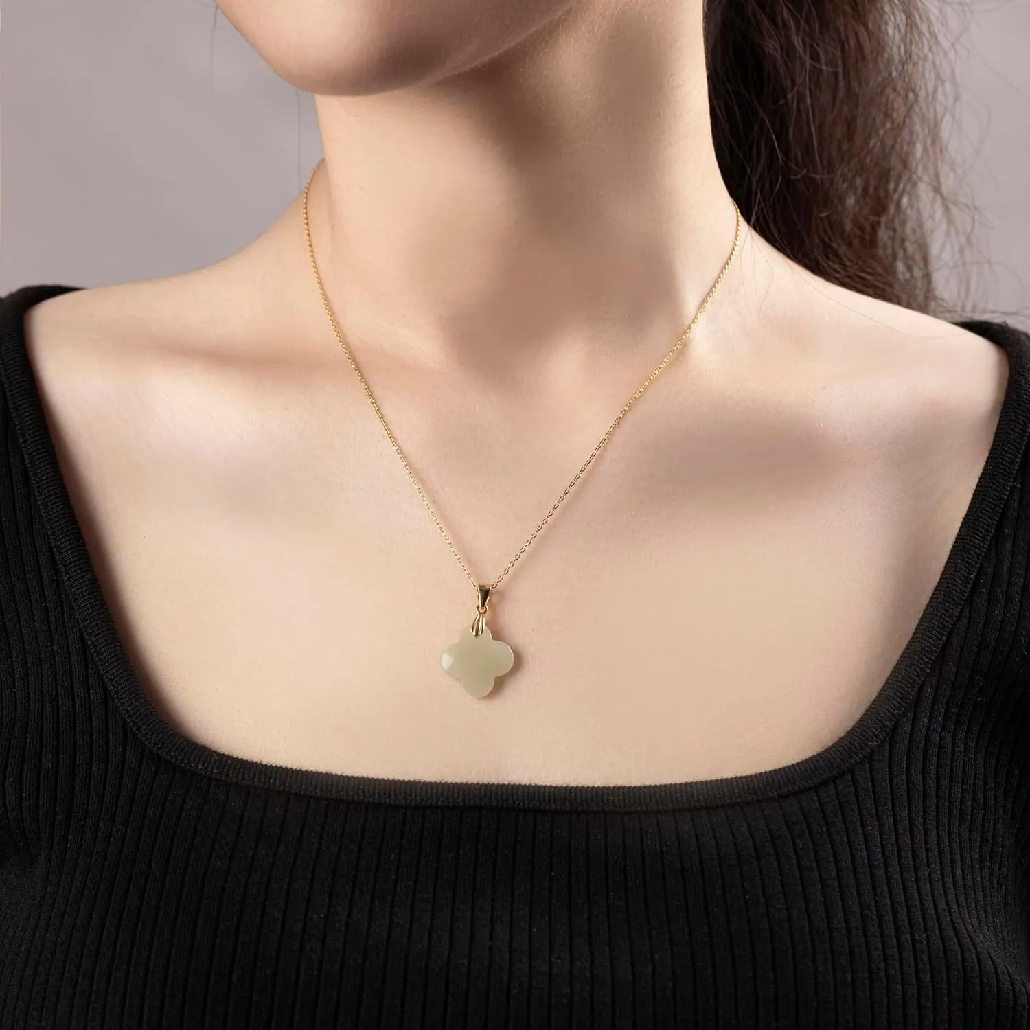 Lucky Four Leaf Clover Jade Silver necklace Jewelry for Women Handmade Genuine Hetian Jade 14K Gold Plated 925 Sterling Silver Simple Classic Style Bring Good Fortune Great Gift for Her