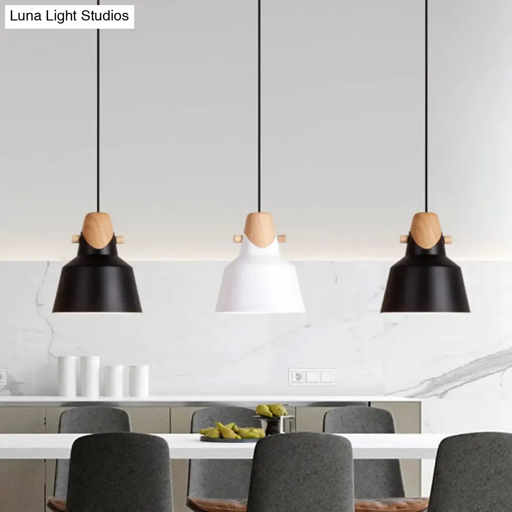 Macaron Elegant Barn Shade Suspended Light - Metal & Wood Ceiling Pendant in Black/White