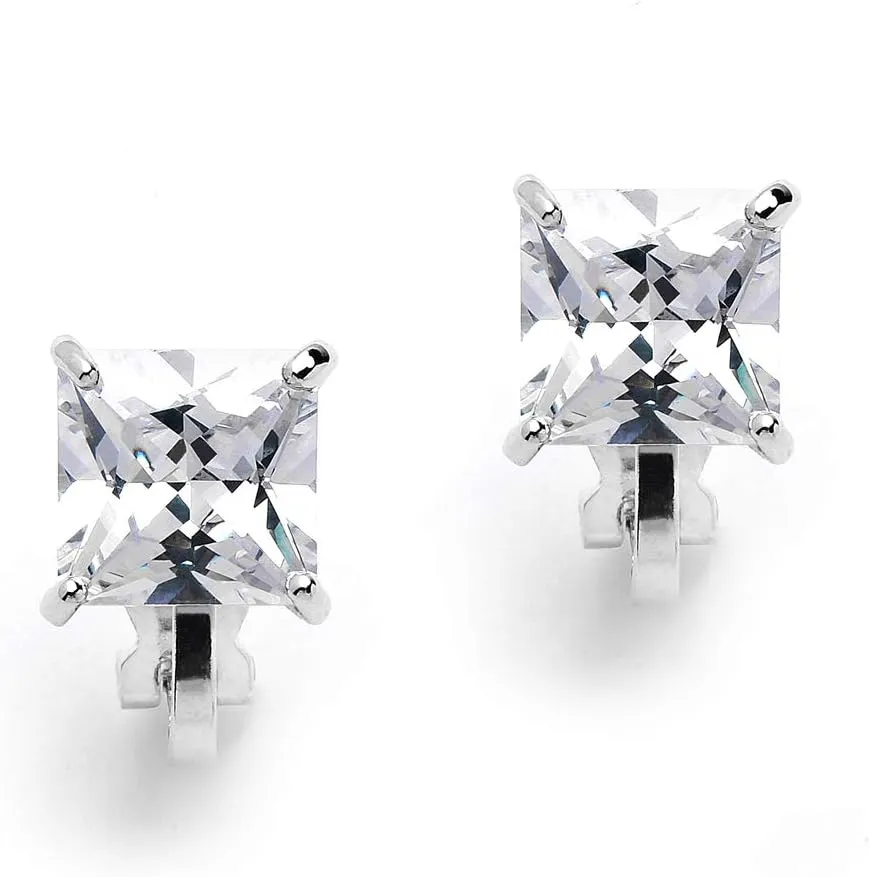 Mariell 2 Carat Princess-Cut Cubic Zirconia Clip On Earrings - Genuine Platinum Plated Clip-on Studs