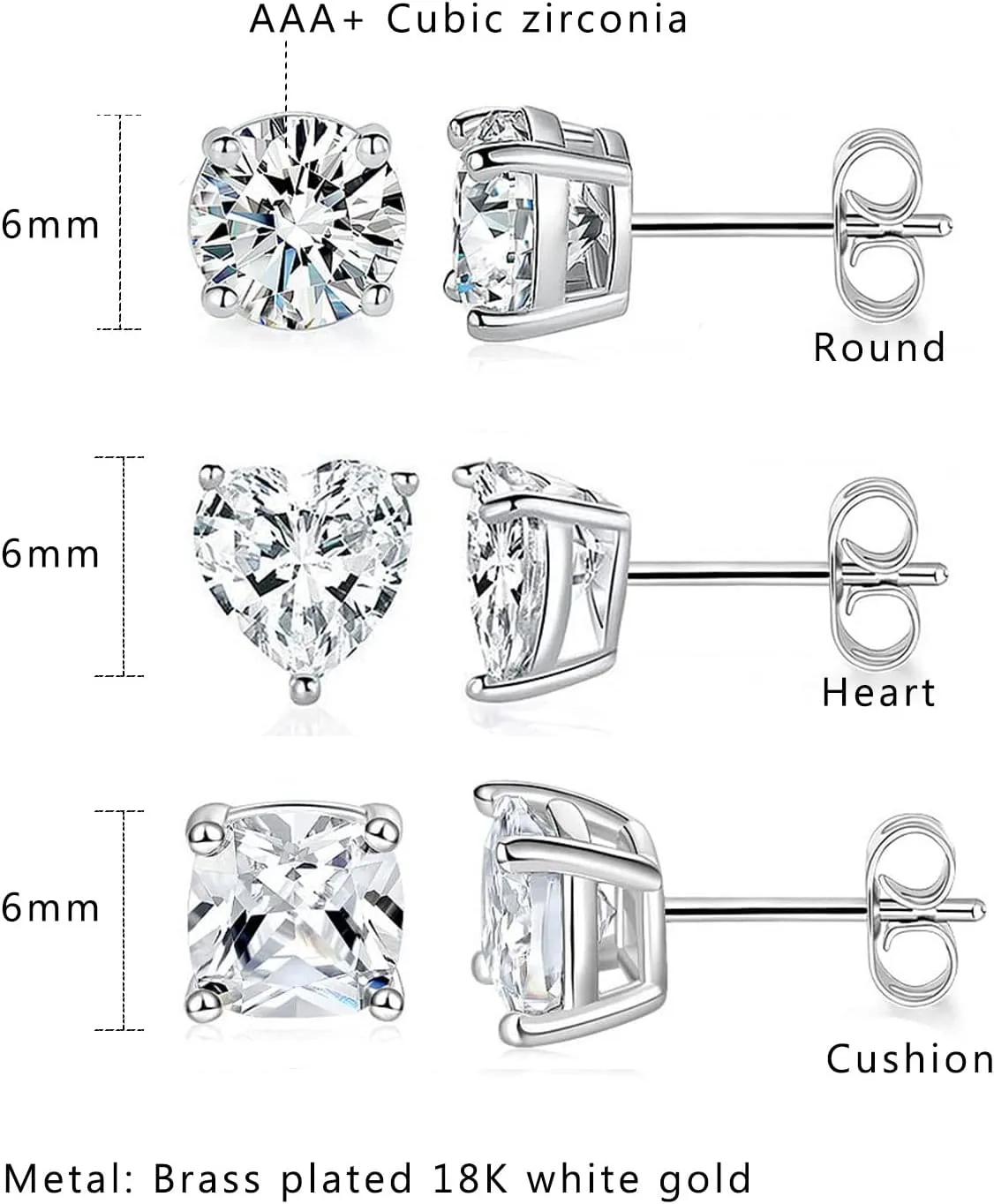 MDFUN 3 Pairs Stud Earrings Set for Men Women 18K White Gold Plated Cubic Zirconia Earring Hypoallergenic Ear Jewelry