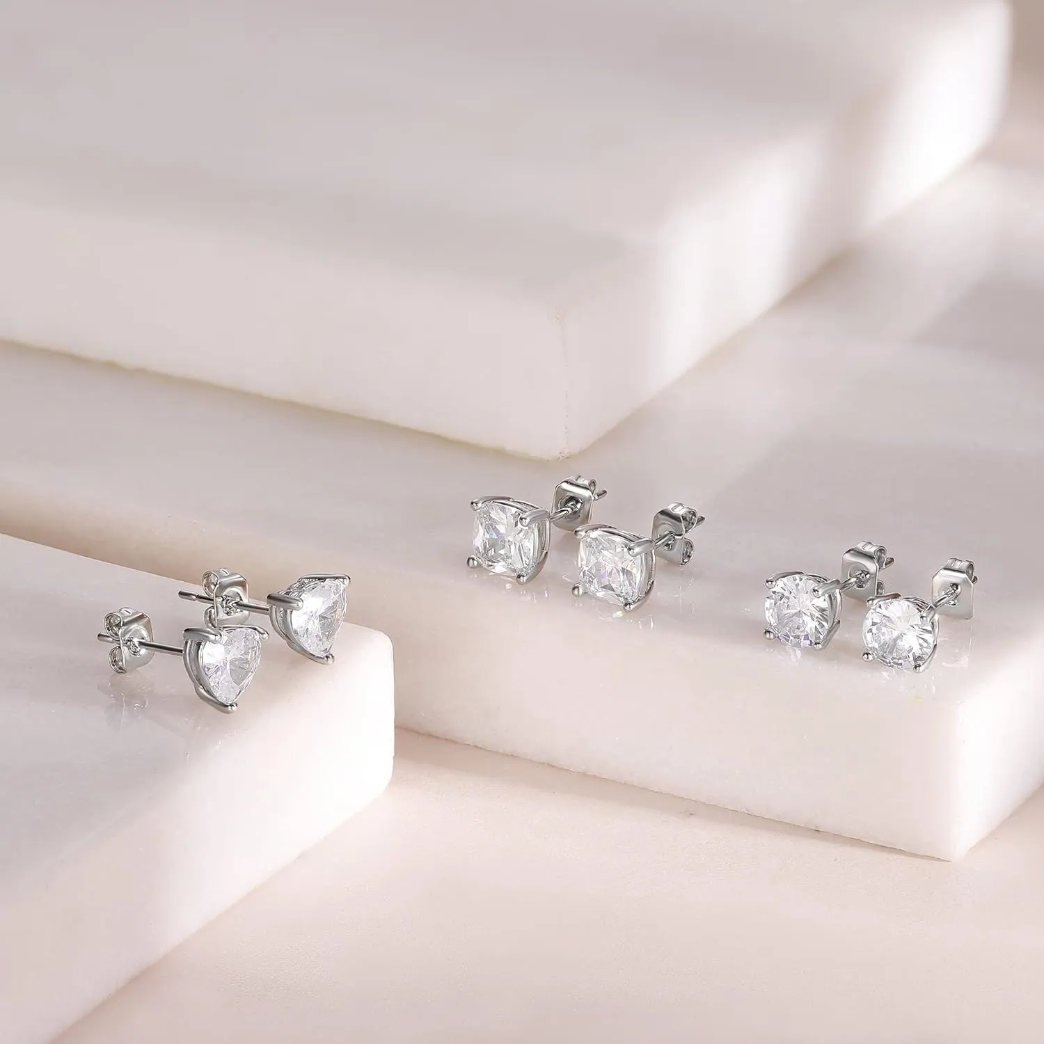 MDFUN 3 Pairs Stud Earrings Set for Men Women 18K White Gold Plated Cubic Zirconia Earring Hypoallergenic Ear Jewelry