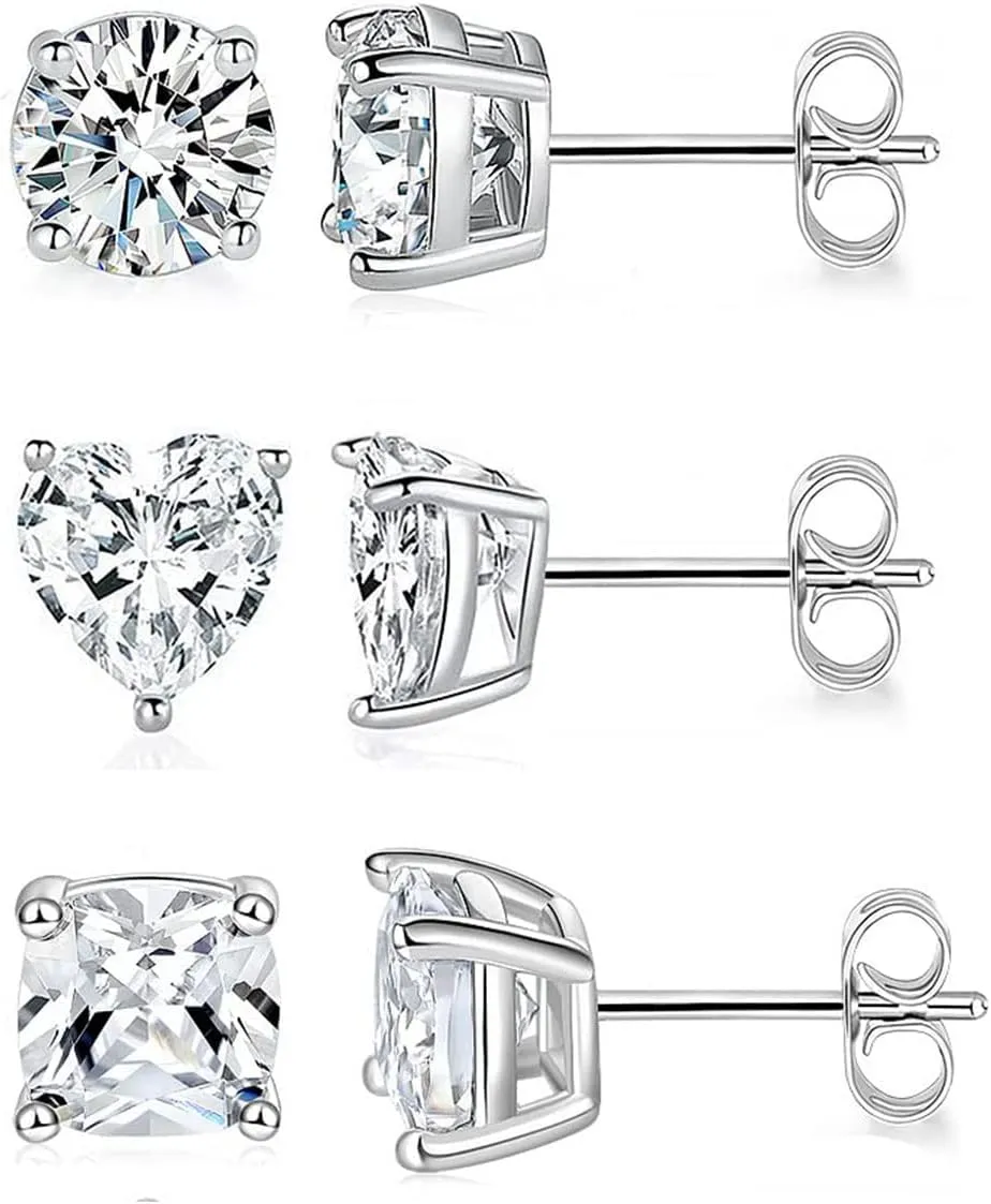 MDFUN 3 Pairs Stud Earrings Set for Men Women 18K White Gold Plated Cubic Zirconia Earring Hypoallergenic Ear Jewelry