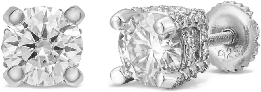 Men Women Classic White Gold Plated 925 Sterling Silver Fully Iced Cz Round Solitaire Stud Earrings Screw Back Stud Circle Earrings 9 Millimeters Unisex Nickel Free Small Earring Studs