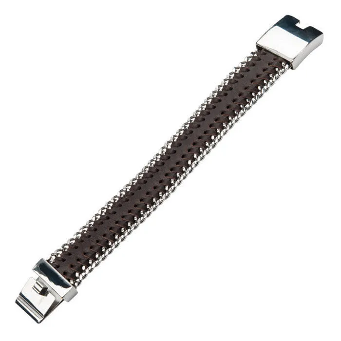 Men's Brown Leather Bracelet w/ Stainless Steel Curb Chain at Both Sides
