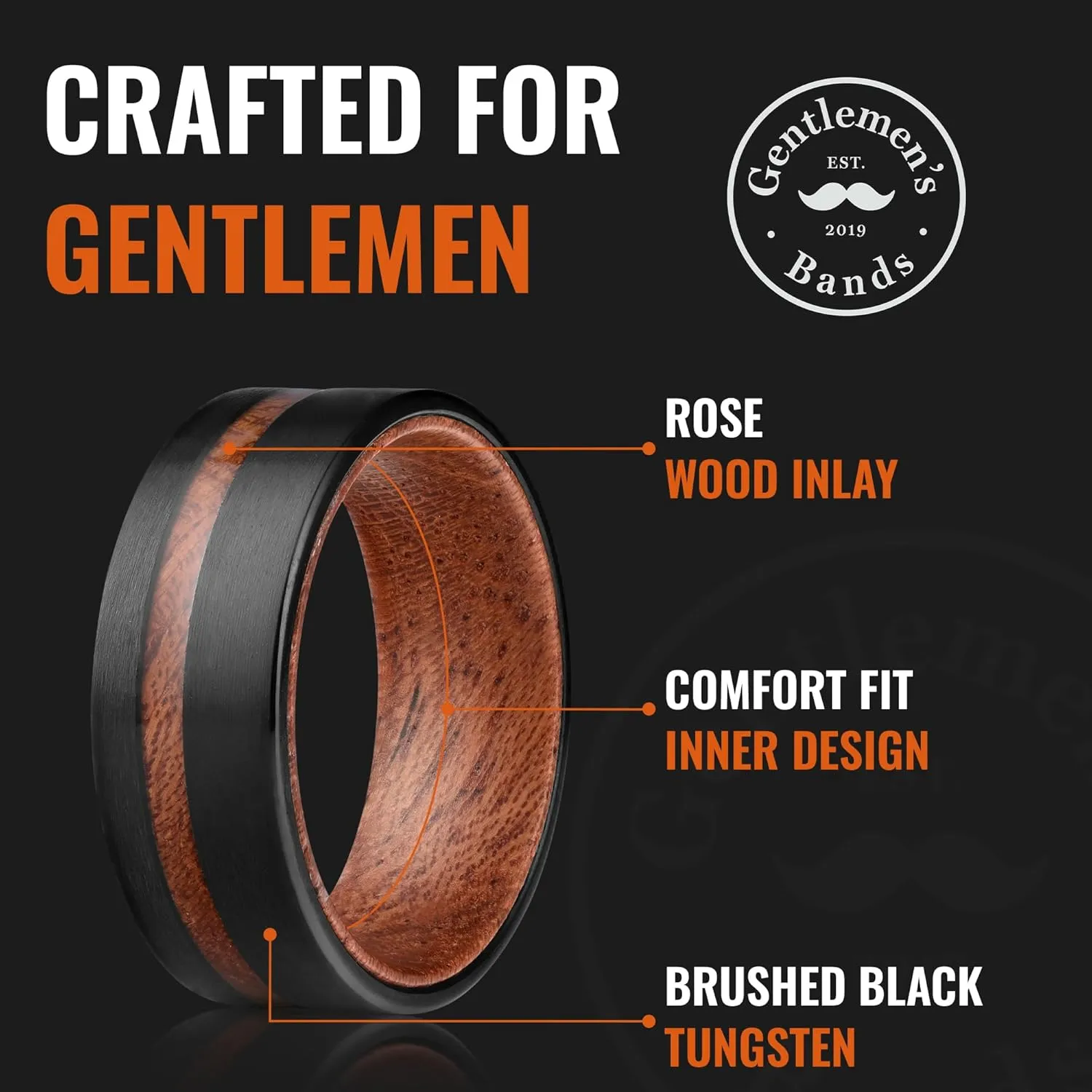 Men's Brushed Black Tungsten Carbide Wedding Band - Premium Grade Black Ring With Unique Wodden Inlay - Includes Silicon Band, Leather Drawstring Pouch, & Luxury Walnut Box