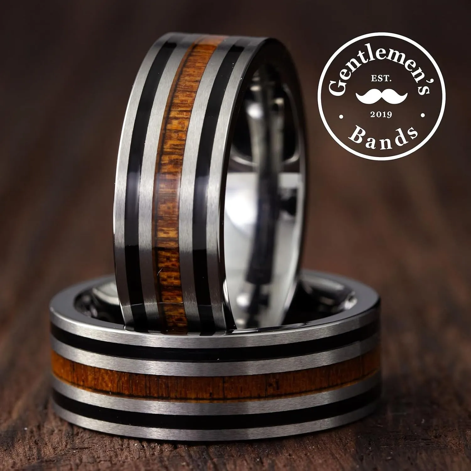 Men's Silver Tungsten Carbide Wedding Band - Premium Grade Tungsten with Barrel Wood Inlay Wedding Ring for Men - Includes Silicon Band, Leather Drawstring Pouch, & Luxury Walnut Box
