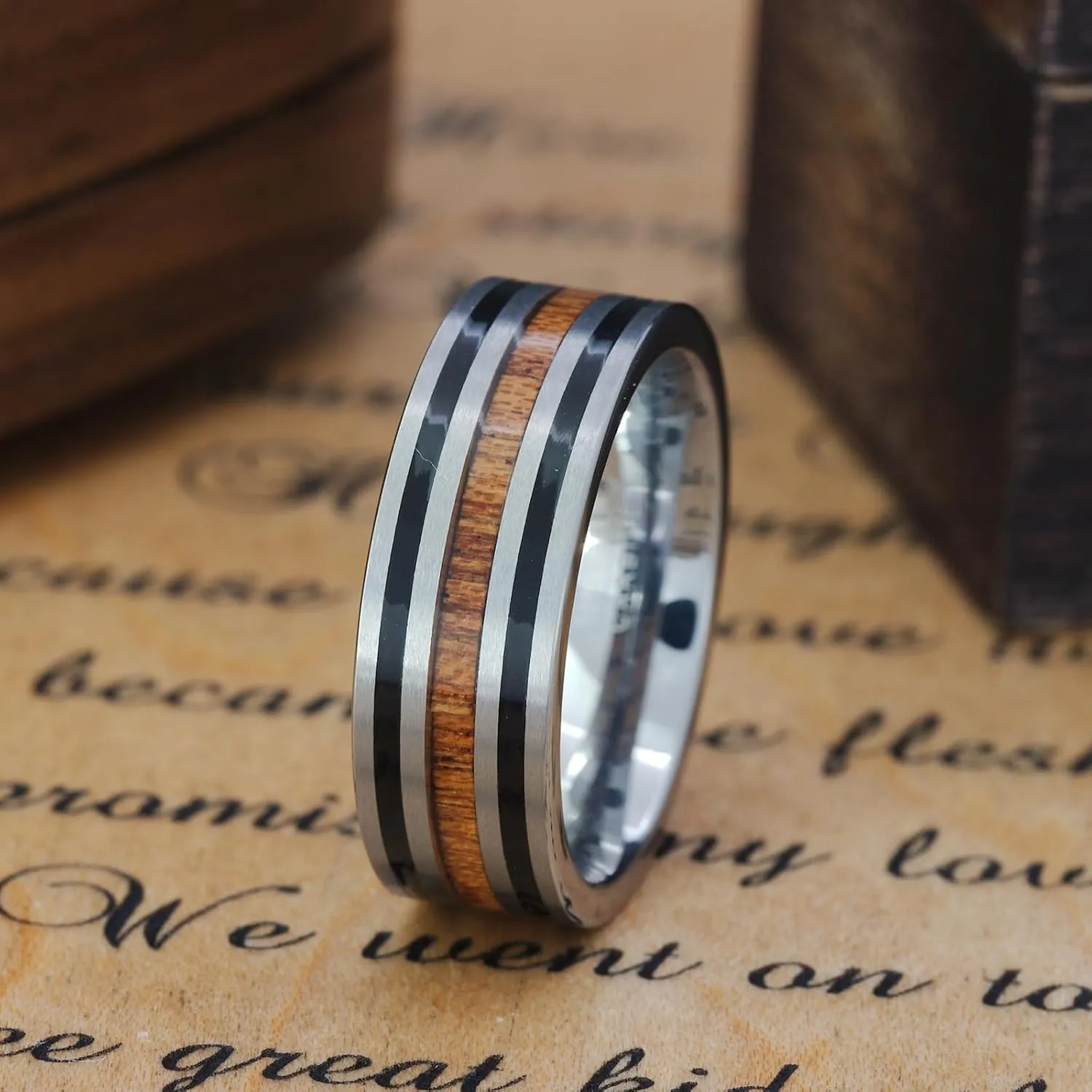 Men's Silver Tungsten Carbide Wedding Band - Premium Grade Tungsten with Barrel Wood Inlay Wedding Ring for Men - Includes Silicon Band, Leather Drawstring Pouch, & Luxury Walnut Box