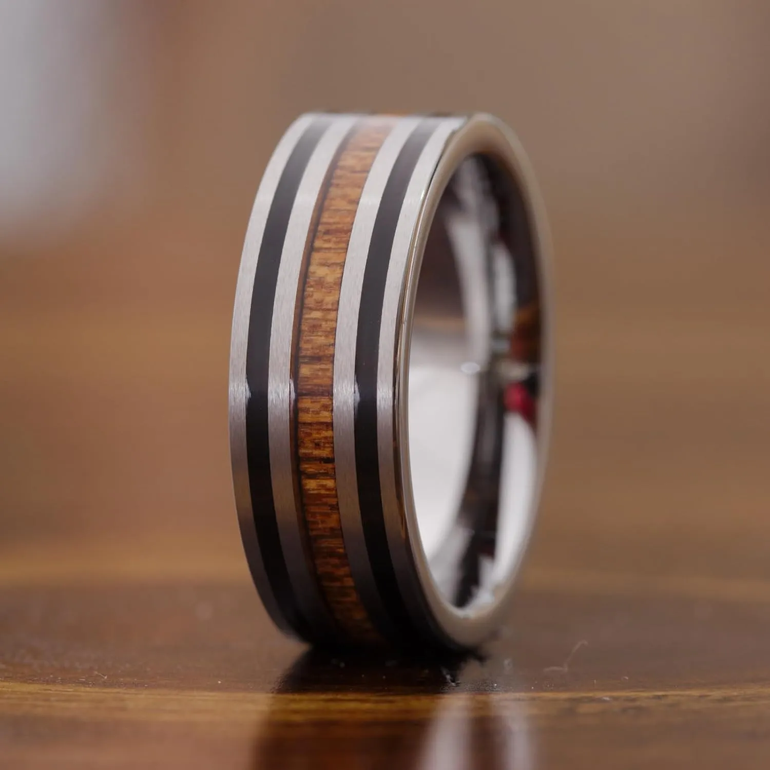 Men's Silver Tungsten Carbide Wedding Band - Premium Grade Tungsten with Barrel Wood Inlay Wedding Ring for Men - Includes Silicon Band, Leather Drawstring Pouch, & Luxury Walnut Box