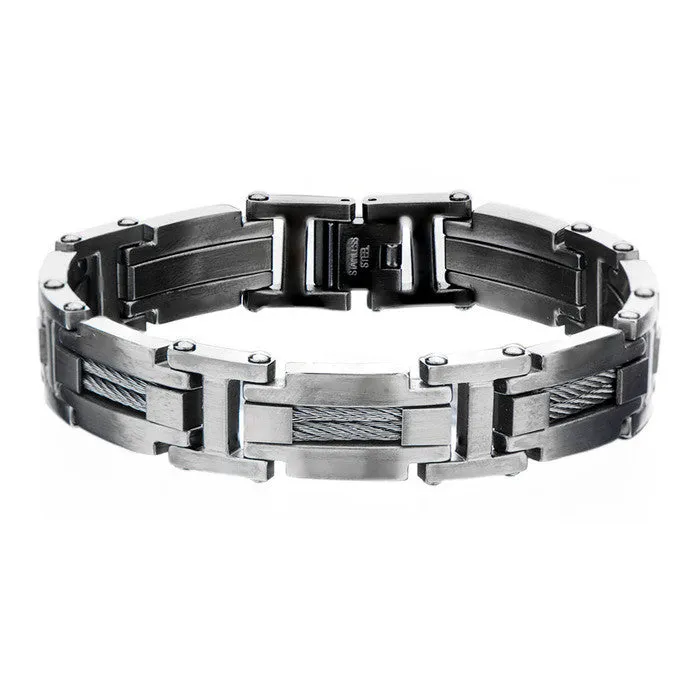 Men's Stainless Steel Gunmetal Cable Bar Self-adjustable Link Bracelet