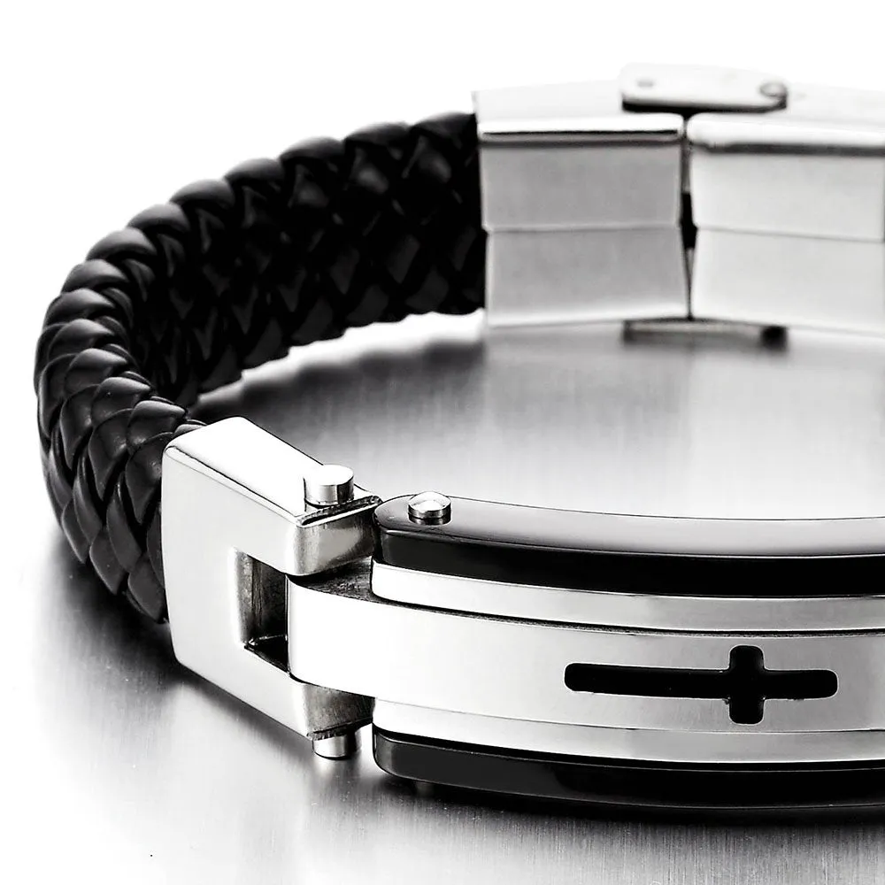 Mens Stainless Steel ID Identification Bracelet with Cross Black Braided Leather Wristband Bangle