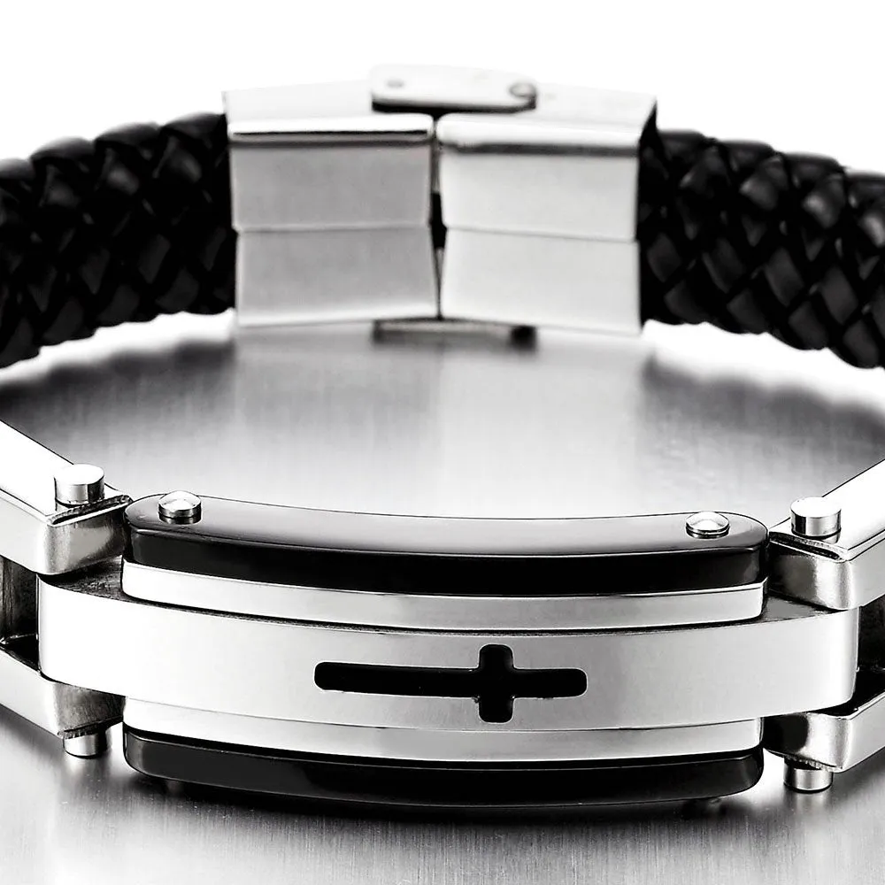 Mens Stainless Steel ID Identification Bracelet with Cross Black Braided Leather Wristband Bangle