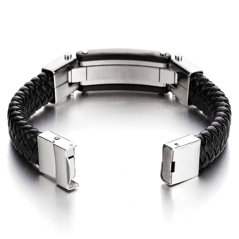 Mens Stainless Steel ID Identification Bracelet with Cross Black Braided Leather Wristband Bangle
