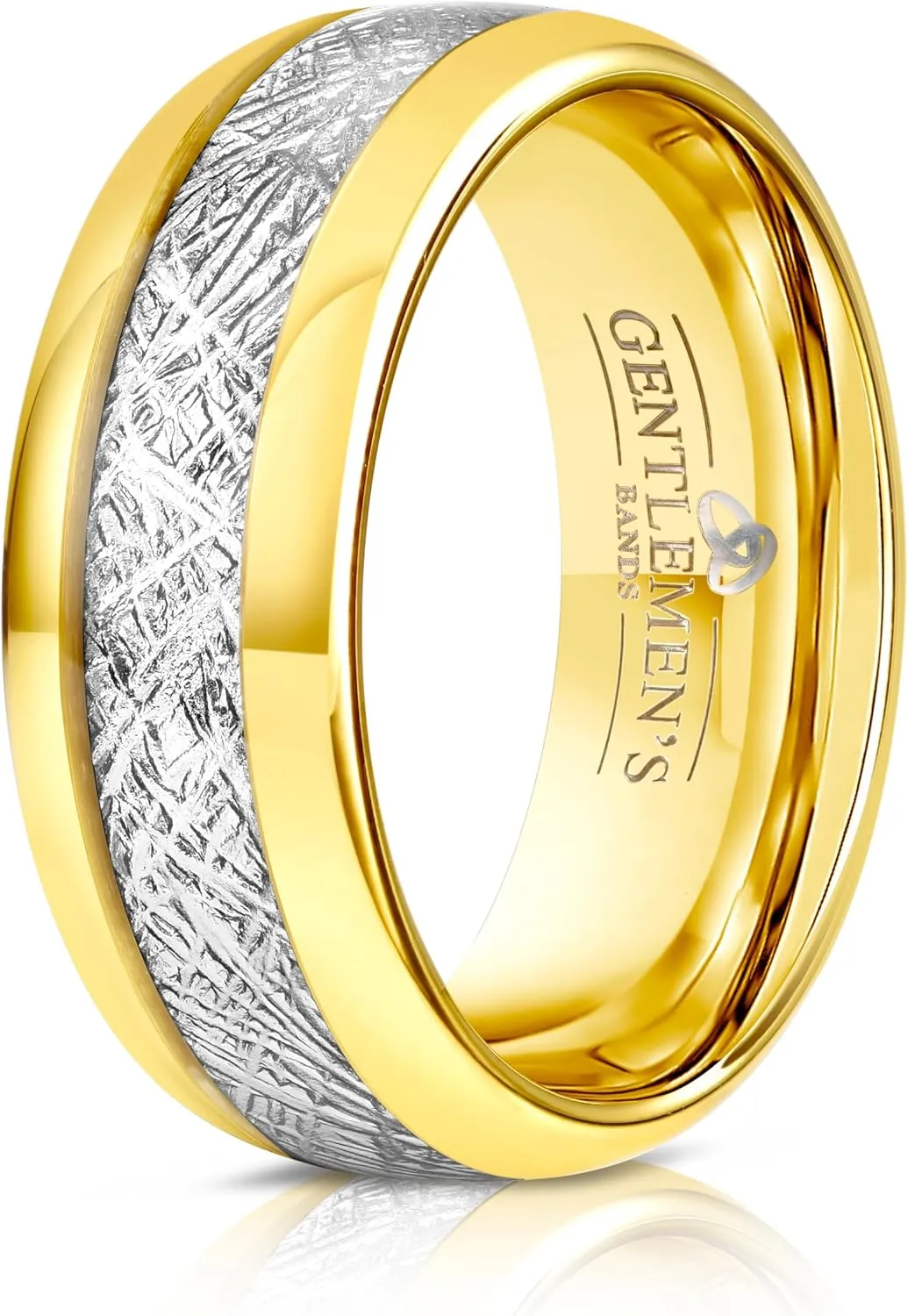 Men's Tungsten Carbide Wedding Band With Meteorite Inlay - Premium Grade Gold Tungsten & Meteorite Wedding Ring - Includes Silicon Band, Leather Drawstring Pouch, & Luxury Walnut Box